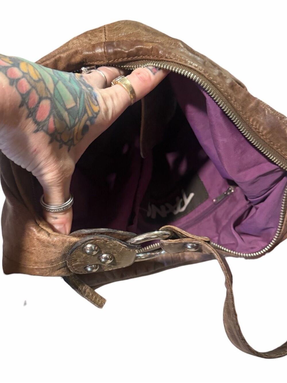 TANO Brown Distressed Leather Hobo Shoulder Bag Slouchy Multi Pocket - Picture 5 of 5